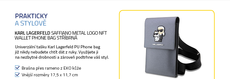 Karl Lagerfeld Saffiano Metal Logo NFT Wallet Phone Bag stříbrná