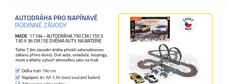 MaDe 11194 - Autodráha 790 cm ( 155 x 130 x 36 cm ) se dvěma auty, na baterie