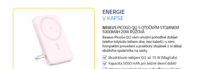 Baseus PicoGo Qi2 s otočným stojanem 5000mAh 20W růžová
