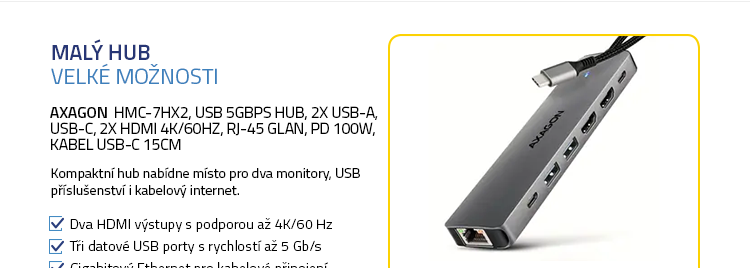 AXAGON HMC-7HX2, USB 5Gbps hub, 2x USB-A, USB-C, 2x HDMI 4k/60Hz, RJ-45 GLAN, PD 100W, kabel USB-C 15cm