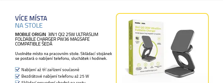 Mobile Origin 3in1 Qi2 25W UltraSlim Foldable Charger PW36 MagSafe Compatible šedá